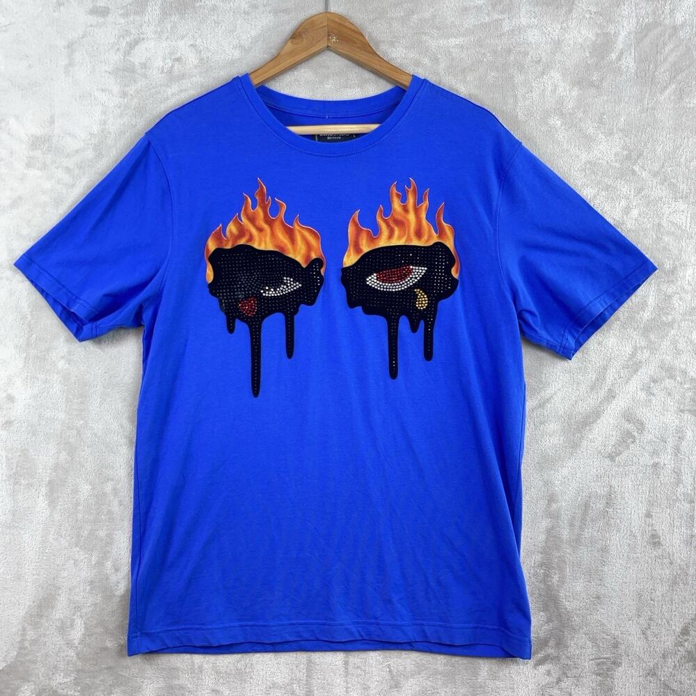 Roku Studio Men's Large Cobalt Blue T Shirt Rhinestone Flaming Drip Eyes *flaw*